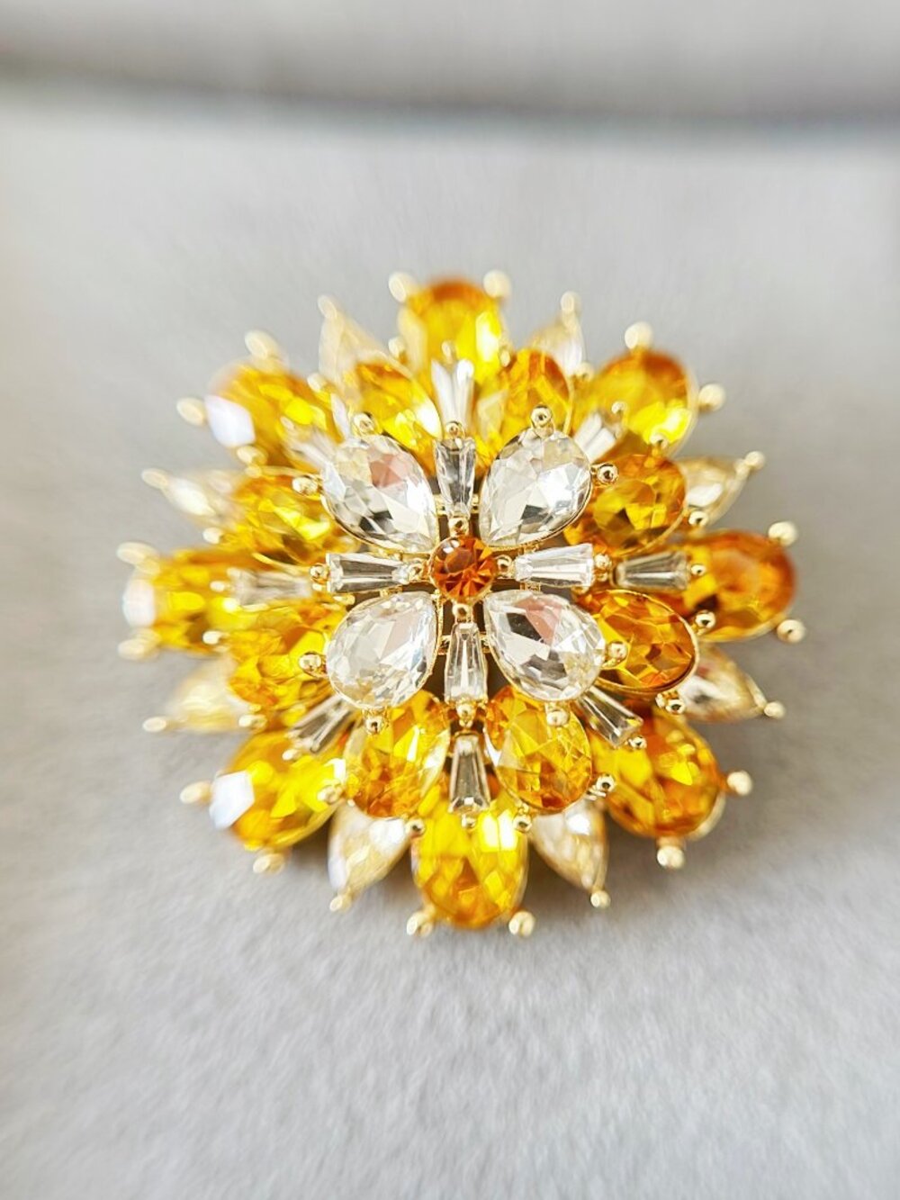 Golden Yellow & Clear Rhinestone Flower Brooch Pin Gold Tone Statement Jewelry